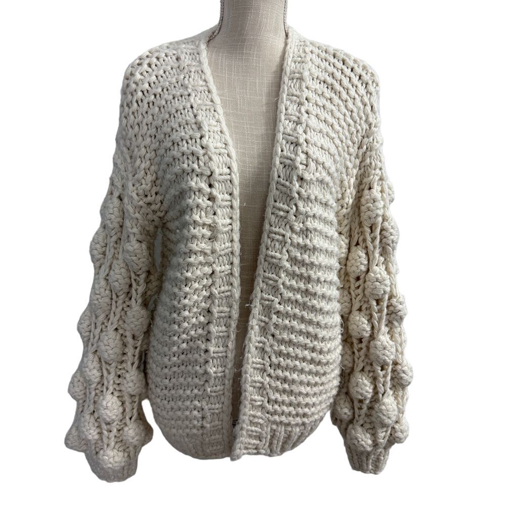 Adora Pom Pom Sleeve Cardigan Womens One Size Cream Chunky‎ Knit Open Front Boho